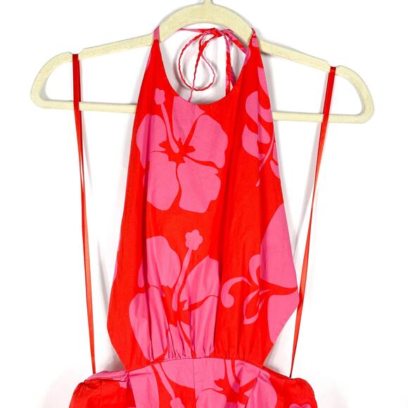 Staud Georgia Floral Romper‎ Red Pink Halter Cutout Open Back Sleeveless Sz 6 - Picture 9 of 14